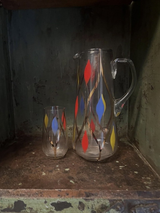 Image 1 of Hand-painted jug and 8 glasses from the 1950s