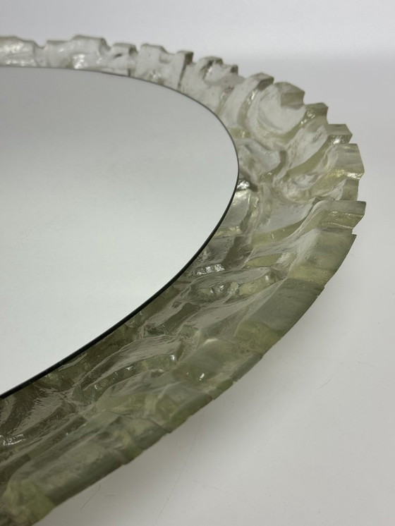 Image 1 of Large Mid-Century Backlit Sugar Glass Oval Mirror, Sculptural Illuminated Wall Mirror, Europe, 1960s–1970s