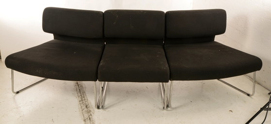 1960s 3-Piece Sofa with Two Curved Sections and One Straight Central Section, Black Fabric and Chrome Steel (photo 3 of 10)