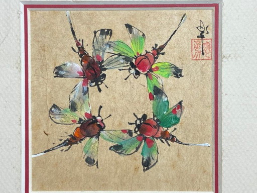 Dessin Aquarelle Polychrome Libellules Akitsu Dragonfly Japon 1950 Art Encadré