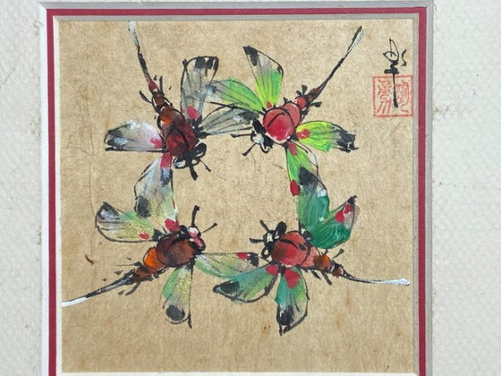 Image 1 of Dessin Aquarelle Polychrome Libellules Akitsu Dragonfly Japon 1950 Art Encadré