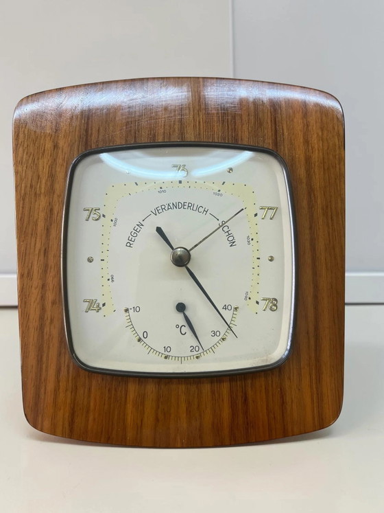 Vintage Mid Century Weather Station 1960s Wooden Barometer Thermometer Wall Unit Danish Modern Teak Look (photo 3 of 7)