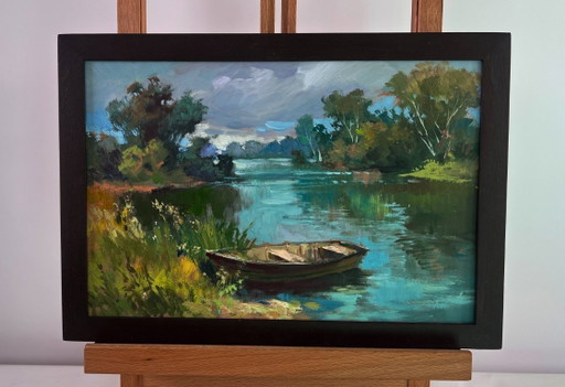 Original Oil Painting Summer Nature Landscape The rain is approaching the river