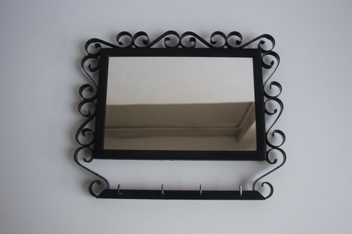 Vintage Metal Wall Mirror with Hooks, 1960's. 