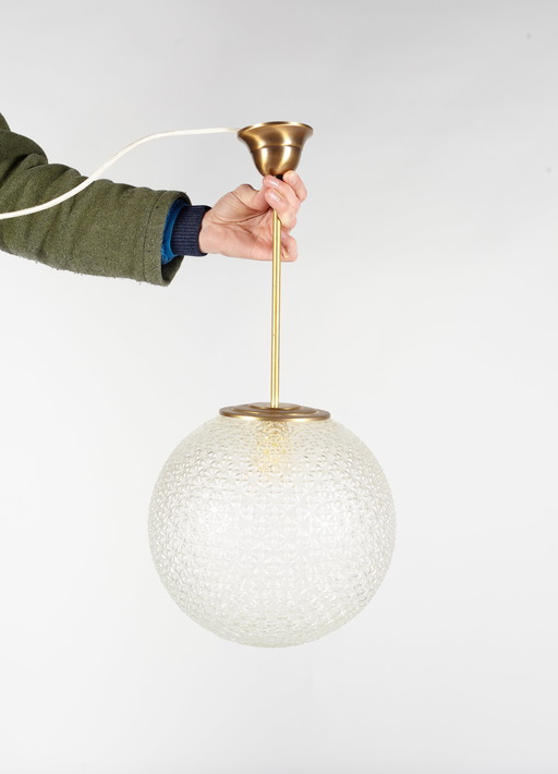 Mid Century Glass & Brass Pendant Globe