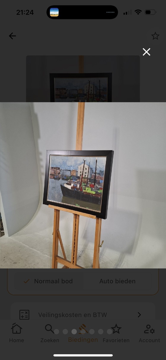 Image 1 of C.D. Ven. Haven IJmuiden . Mooi origineel ingelijst schilderij 52x65 cm  1965