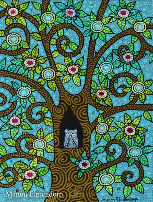 Unique Hand-painted Painting Owl in Tree 18x24 cm