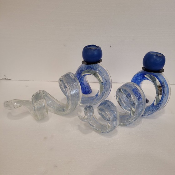 Image 1 of Pair of blue spiral candlesticks, glass, 80's - France