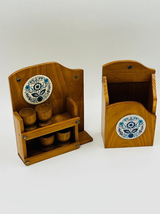 Wooden wall-mounted egg cup holder and utensil holder
