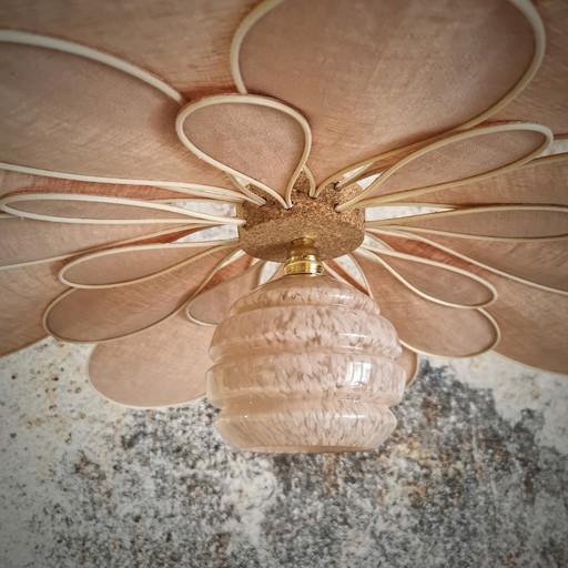 Old Pink Rattan and Linen Flower Hanging - Luminaires Artisanaux