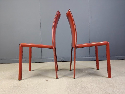 Red leather italian dining chairs, 1980s - set of 6 