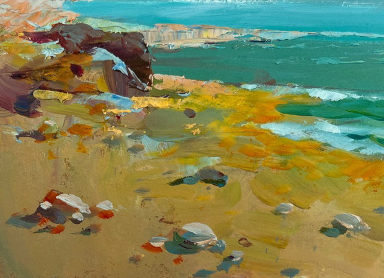 Image 1 of Peinture à l'huile originale représentant un paysage côtier avec des mouettes survolant la mer.