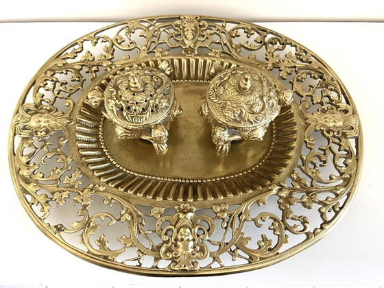 Image 1 of Double Encriers sur Plateau Bronze Doré Ciselé Style Louis XV Epoque Napoléon III