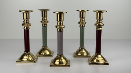 5 x Caravell vintage colored brass candlesticks