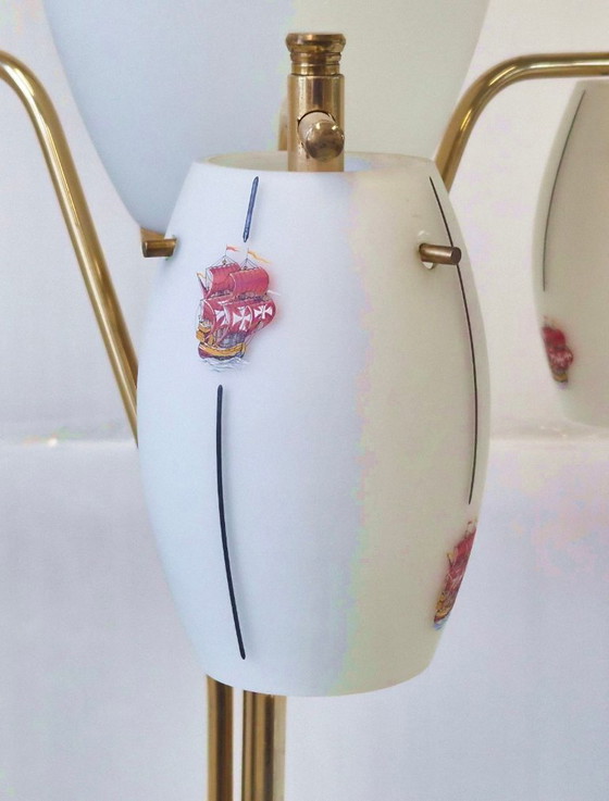 Image 1 of Vintage 1950s Floor Lamp by Maison Arlus, Metal, Brass & Opal Glass, 50s Rockabilly