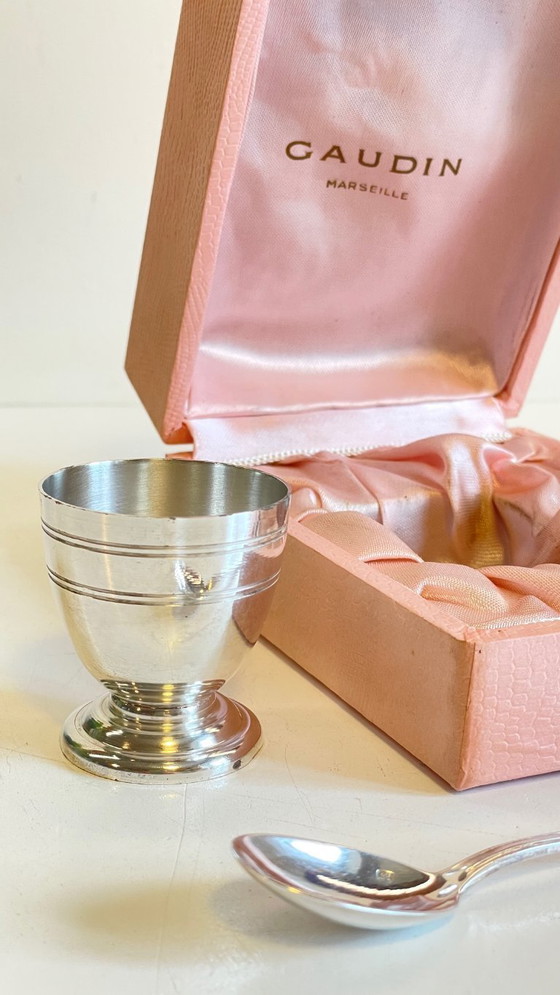 Image 1 of Vintage Silver-Plated Metal Egg Cup and Spoon for Birth