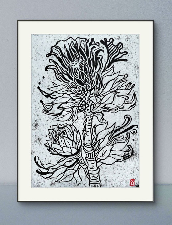 Image 1 of Protea, Impresión linograbada - A3, Tinta blanca sobre papel negro, Arte botánico impreso a mano , Edición limitada