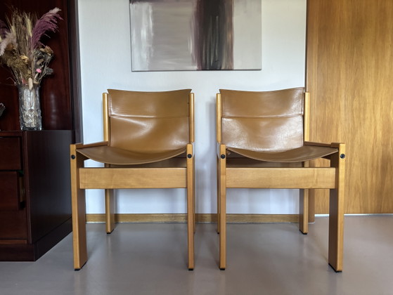 Set van 2 Vintage "Solaris" Stoelen – Franco Vattolo voor Ibisco – Eetkamerstoelen, Leather, Wood (photo 2 of 10)
