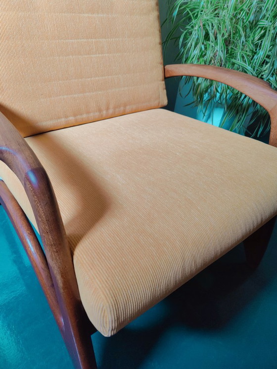 Vintage 50s/60s De Ster Gelderland Armchair, Wood, Textile, Brown, Mid Century Modern (photo 10 of 13)