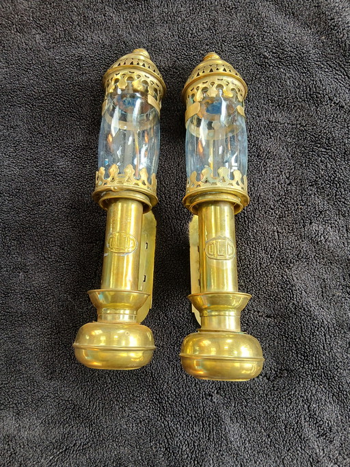 Antieke messing treinwagon wandlampen DLC