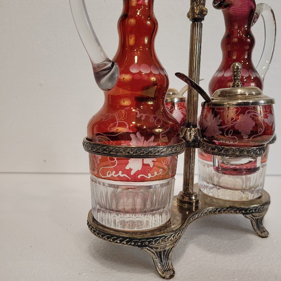 Image 1 of Convoy / Oil, vinegar, salt and pepper set, Bohemian crystal, silver-plated metal, 1940s – Czech Republic