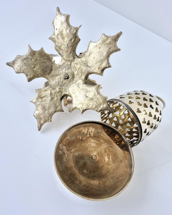 Image 1 of Portacandele vintage a forma di stella di Natale + lanterna, campana di Natale, ottone massiccio lucidato