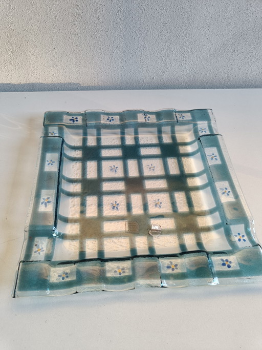Piatto quadrato in vetro di Murano IVAT Glassware Italy, blu con motivo geometrico, 26 cm