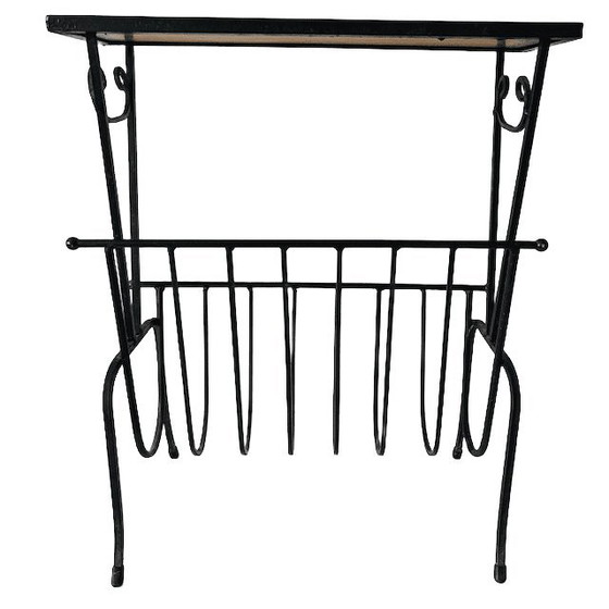 Image 1 of Vintage mid-century reading table retro magazine rack tiles wrought iron 1960s
