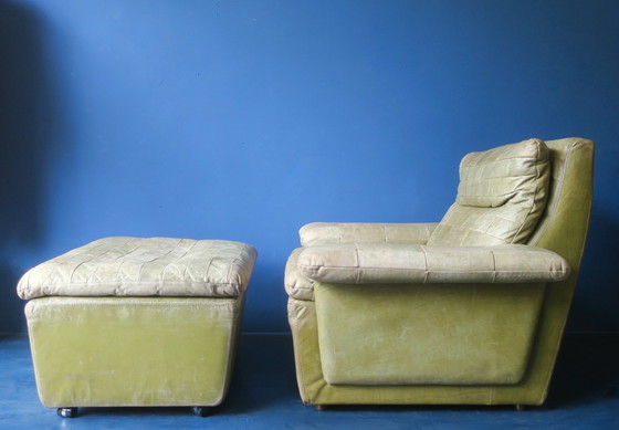 Image 1 of Patchwork Leather Lounge Chair and Ottoman in Olive Green by Laauser, 1970s