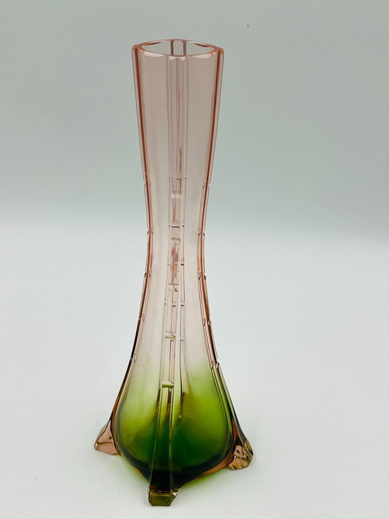 Image 1 of Pair of vintage bud vases in pink and green glass
