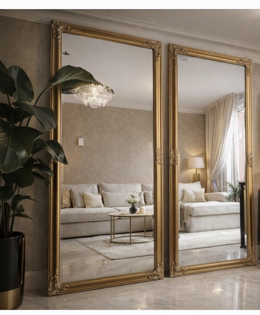 2 large antique-look mirrors with gold-bronze frames