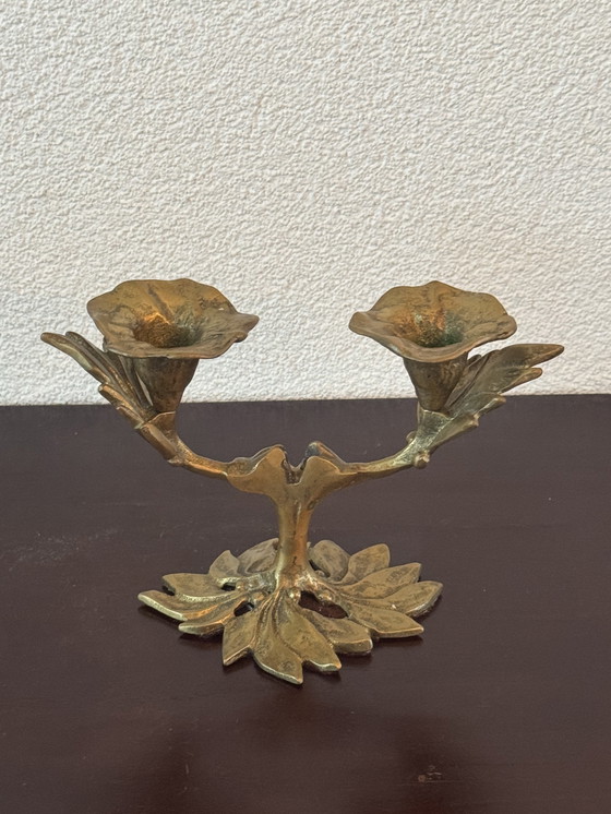 Image 1 of 🕯️ Bronzen Art Nouveau tweearmskandelaar | handgegoten, massief, authentieke patina | 1890–1920