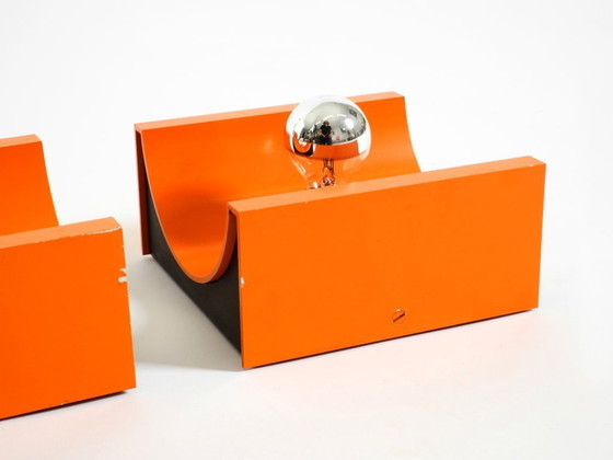 Image 1 of Pair of rare original 1960s Space Age metal wall lamps by Klaus Hempel for Kaiser Leuchten in orange