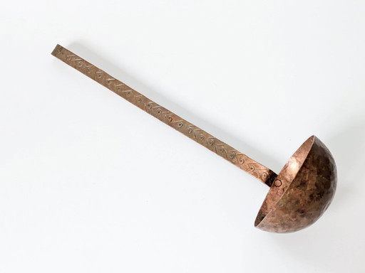 Large Vintage Copper Ladle with Hand-Etched Handle, Primitive European Kitchen Decor