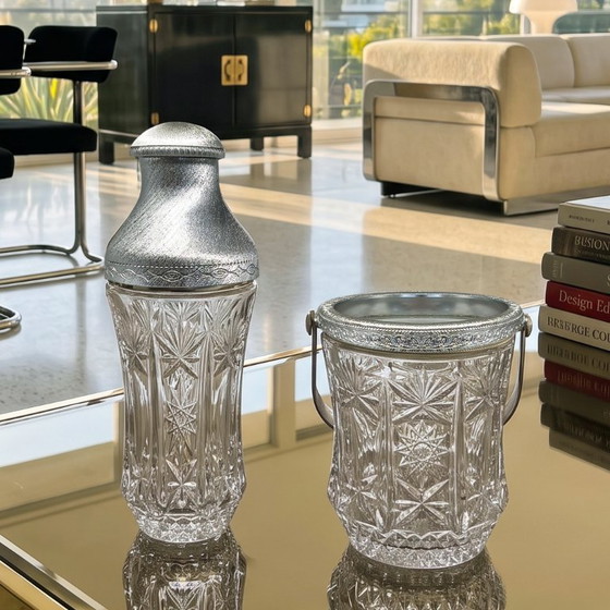 Image 1 of Italienisches Cocktailset aus geschliffenem Kristall und gebürstetem Metall im Stil der 1960er Jahre von Arir