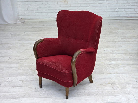 Image 1 of 1960s, fauteuil danois, état original, tissu en laine, pieds en bois de hêtre.