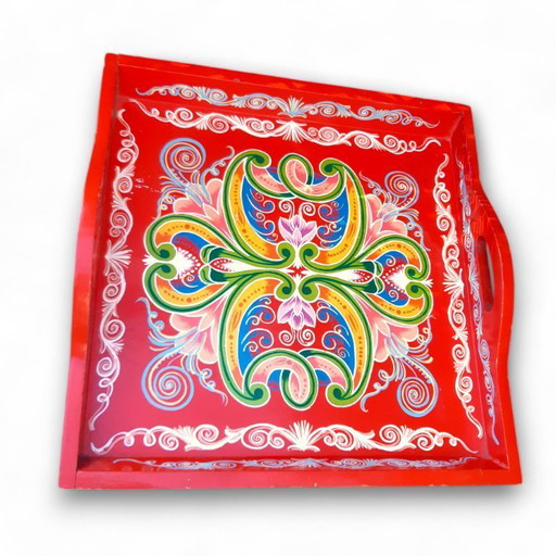 Plateau vintage en bois peint à la main 43x43x8cm