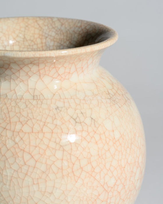 Image 1 of German Art Deco Crackle Glaze Ceramic Vase Duo Fürst Adolf Werkstätten Bückeburg