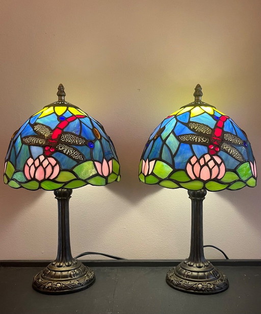 Set of 2 stained glass Tiffany style table lamps art nouveau style