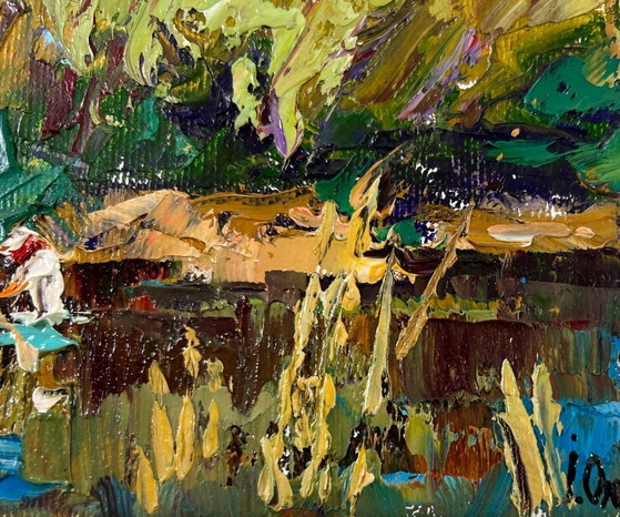 Image 1 of Original Oil Painting Coastal Forest Landscape Summer day by the river