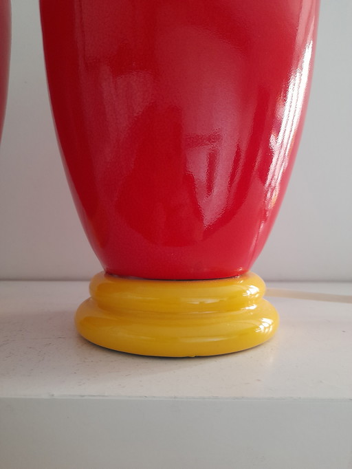 Pair of red and yellow 80s postmodern Memphis lamps