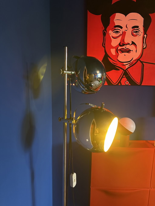 Space Age chrome floor lamp – 70s design, 163 cm high, large adjustable spotlights