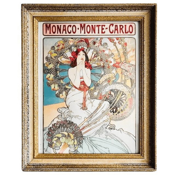 Image 1 of Dipinto vintage Art Nouveau di Alphonse Mucha, cornice in legno dorata Monte Carlo, anni '40