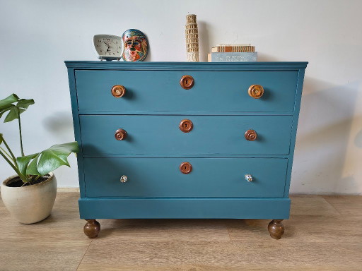 Vintage Dresser / Chest of Drawers – Petrol Blue & Wood – dressoirs