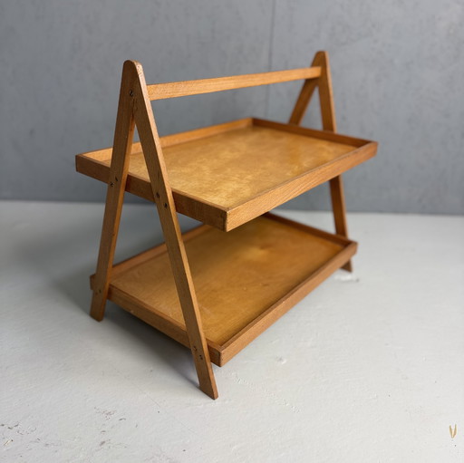 Vintage dubbellaagse butler tray beukenhout