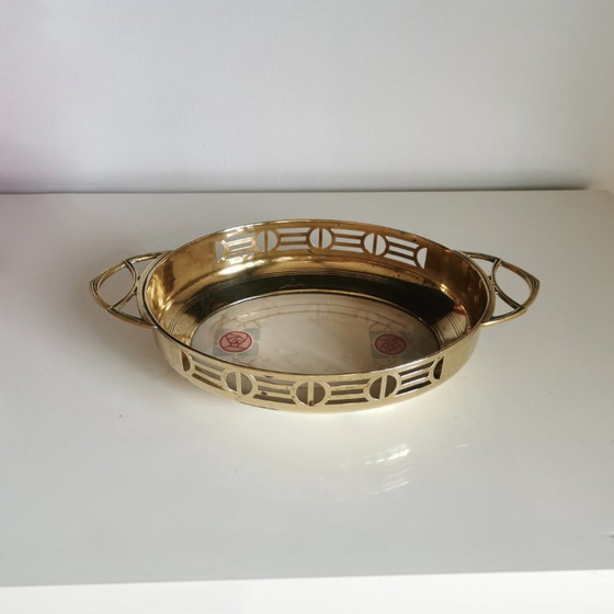 Image 1 of Plateau ancien en porcelaine et laiton Art Déco