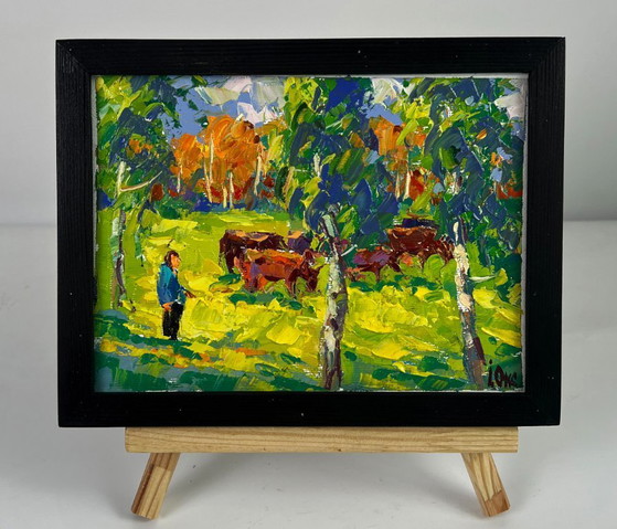 Image 1 of Original Oil Painting Nature Landscape Pasture Autumn Morning in the Meadows