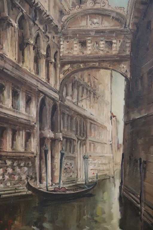 Venise, le Pont des Soupirs, huile sur toile, Italie, XXe siècle, signée C. Rizzi