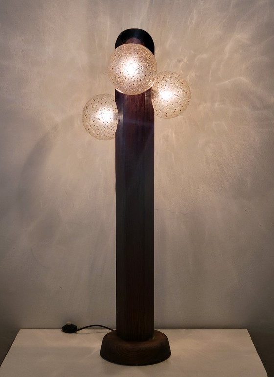 Hustadt Leuchten Brutalist floor lamp with three glass spheres, Table lamps, Wood, Brown, Vintage (photo 7 of 11)