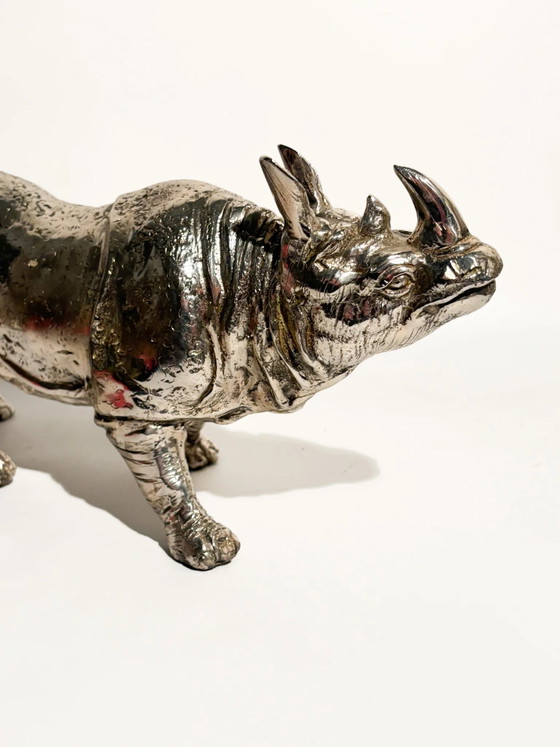 80s Silver-plated Metal Rhinoceros Sculpture (photo 7 of 12)